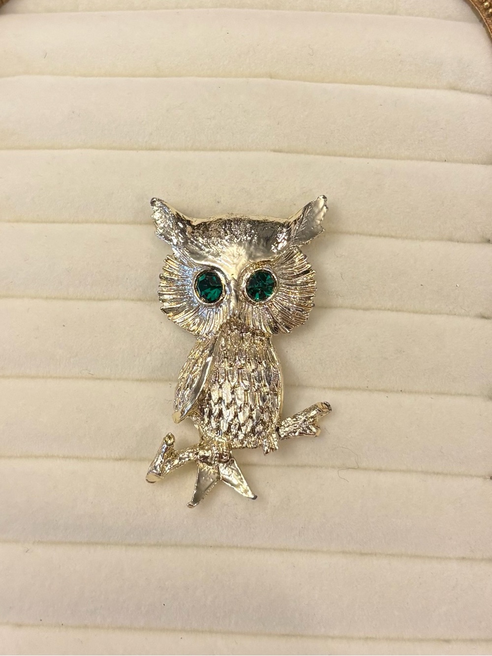 Vintage Gerry's Owl on a Branch Brooch Green Rhinestones Gold Toned Signed